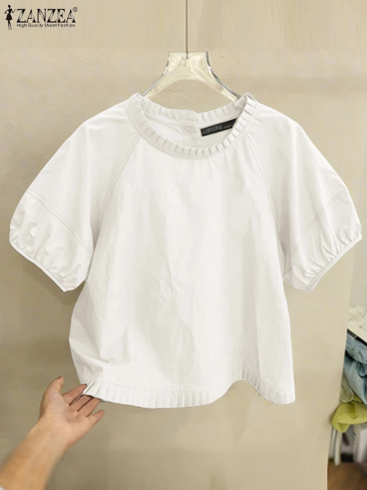 

ZANZEA 2025 Women Stylish Button-Back White Blouses Summer O-Neck Lantern Sleeves Pleated Trim Solid Color Designer Tops S-3XL
