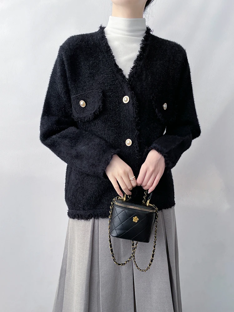 

Slimming Bla V-Ne Knitted Cardigan Faionable Lady's Spring New Sle Small Fraance Wind Coat Korean Haerya Polyester ...