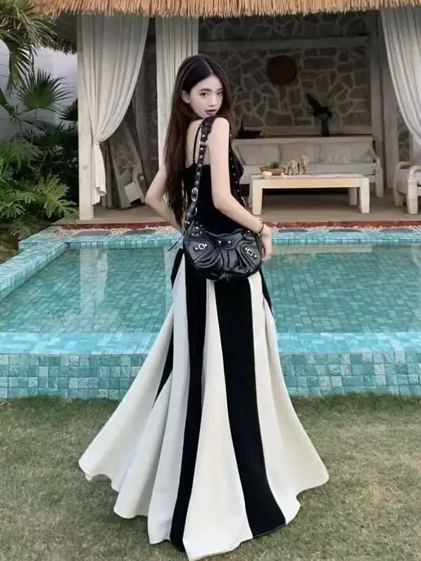 Hebe Style Black White Splicing Strap Dress Women Summer Beach Vacation High Waist A-Line Long Dress Retro Midi Skirt view 2