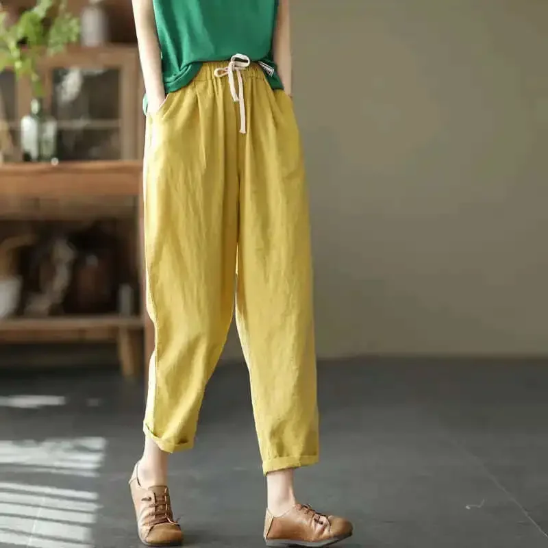 Elastic Waist Ankle Length Womens Summer Harem Pants Vintage Cotton Linen Capri Casual Loose Plus Size Candy Colors Baggy Pants