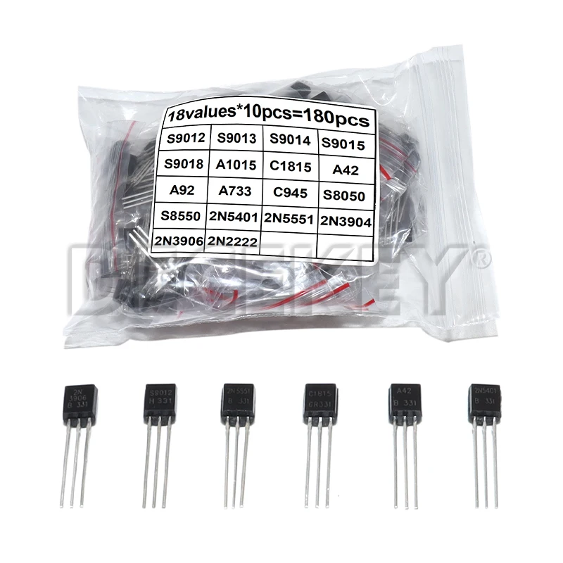 180pcs 18kinds*10pcs Transistor Assorted Kit TO-92 2N2222 S9013 S9014 S9015 S9018 S8050 S8550 5551 5401 2N3904 2N3906 C1815