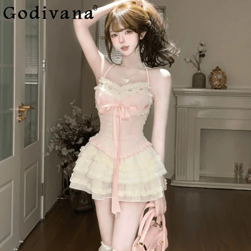 

Топ на бретельках с бантом, нежный пышный комплект с короткой юбкой для торта, женские милые наряды в японском стиле, женские костюмы из двух предметов с юбкой