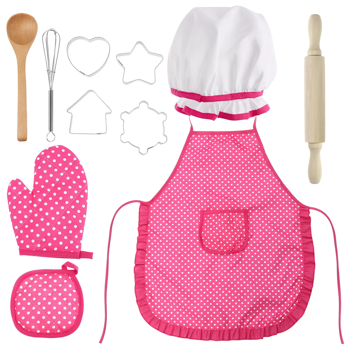 11-teiliges komplettes Küchenspielset für Kinder, rosa Kostüm, Rüschenbesatz, verstellbare Schürze, Hut, Holzlöffel, Nudelholz