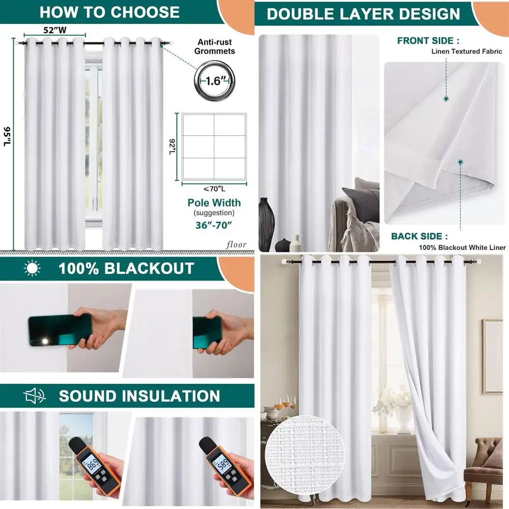 

Thermal Insulated White Linen Grommet Curtains for Bedroom, 100% Blackout, 2 Panels, 52x95