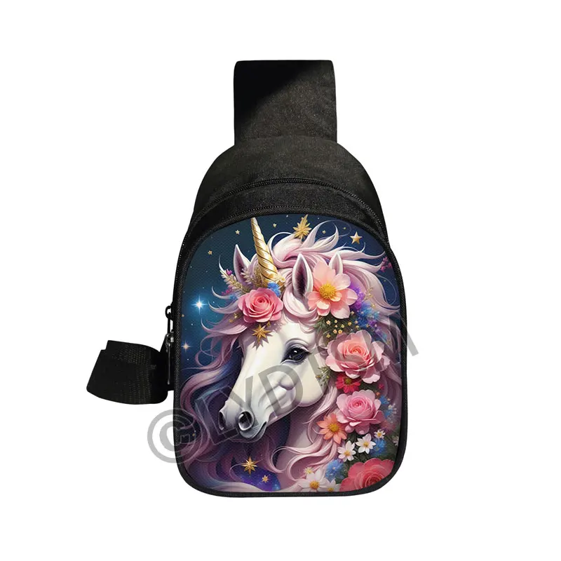 Simpatico unicorno con stampa floreale Borsa sul petto Fantasy Unicorn Borse a tracolla da donna per borse a tracolla da viaggio Portachiavi per telefono