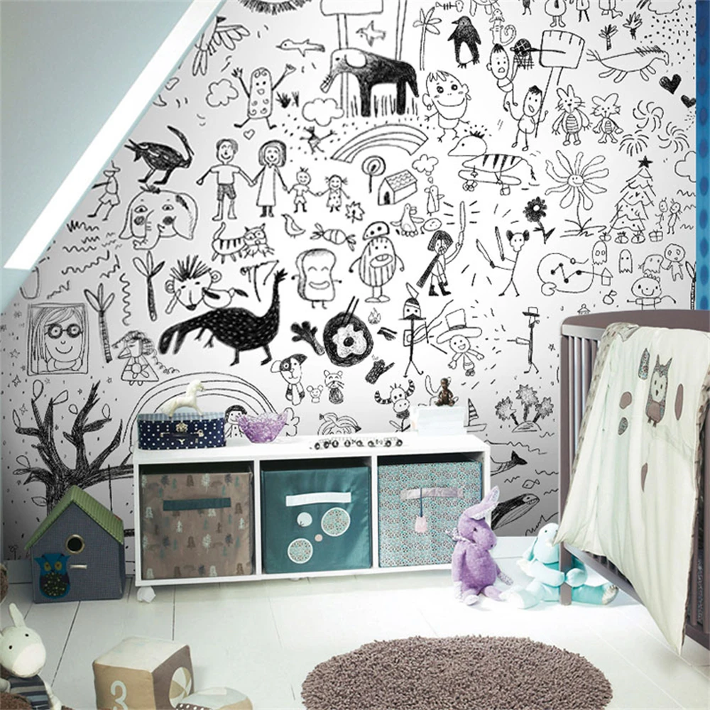 Benutzerdefinierte Moderne Nordic wandbild schwarz weiß graffiti tapete für kinderzimmer tapete schlafzimmer junge persönlichkeit kreative wandbild