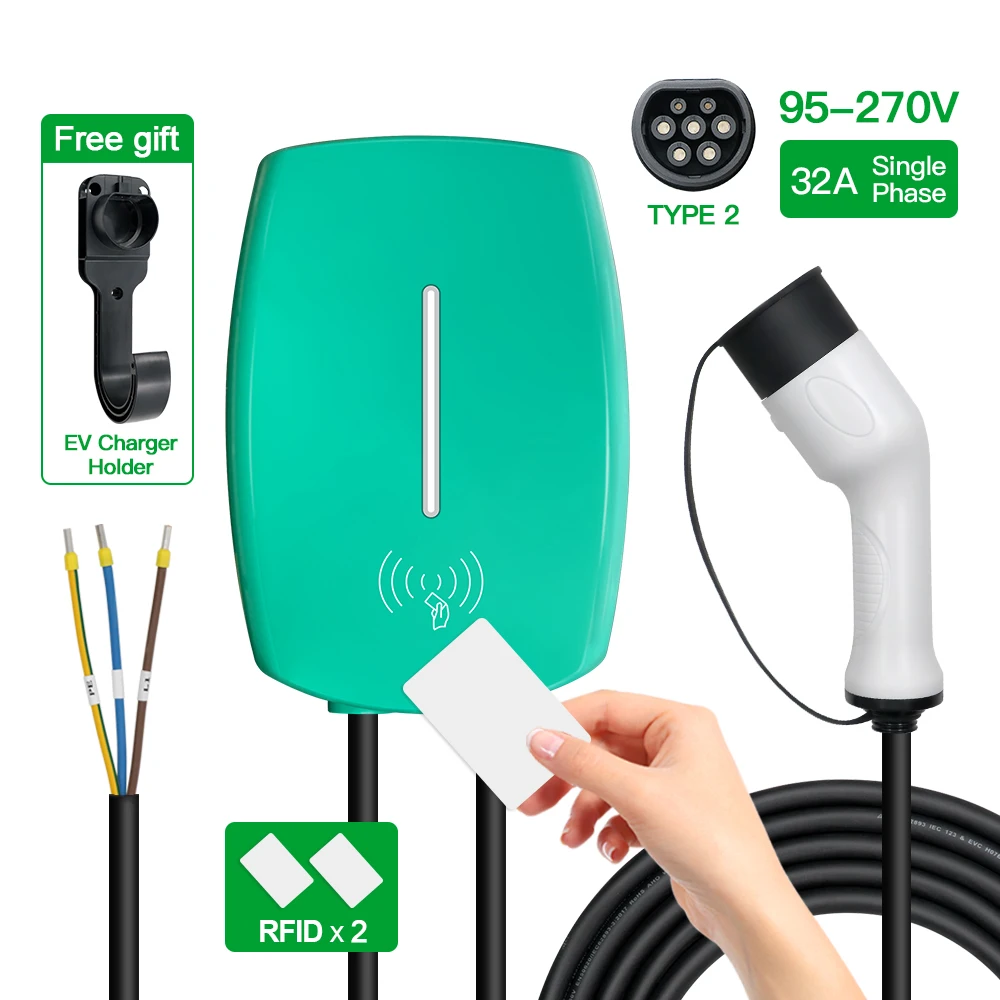 Sygreen EV Charging Station 32A 1P Electric Vehicle Car Type 2 EVSE Wallbox Wallmount 7.6KW Cable 5M With RFID Card