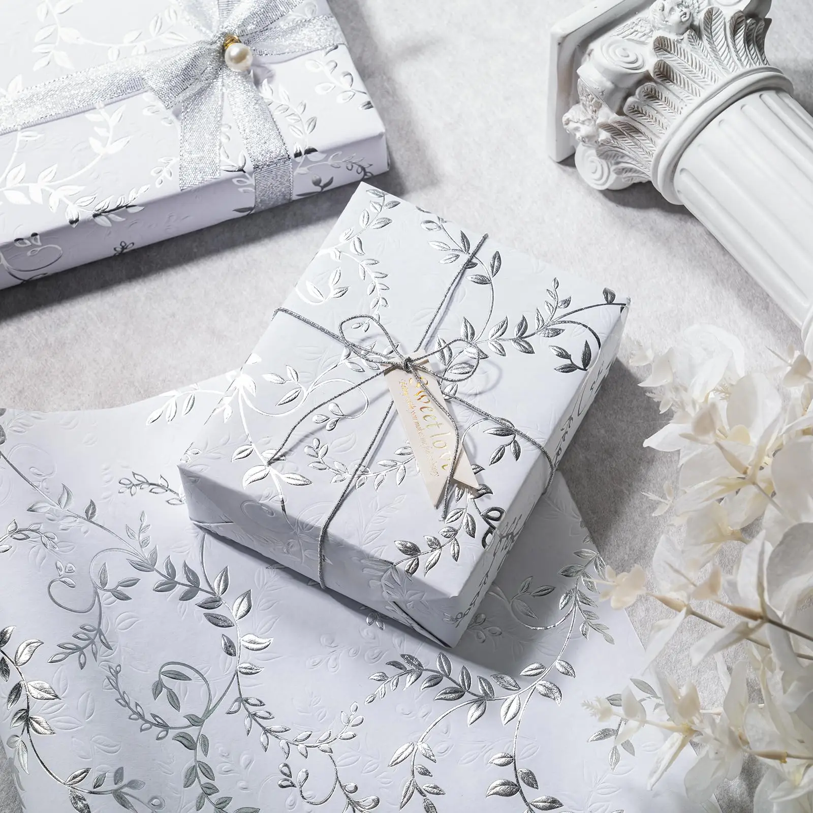 3D Kraft Wrapping Paper Mini Roll 43X500CM Gold and Brown White Leaves Design with Embossed for Birthday Holiday Wedding