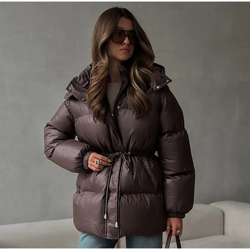 Hooded Women's Winter Jacket Zipper Drawstring Puffer Coat Shiny Thickened Bubble Coat Detachable Hood Mid Length Cotton Coat