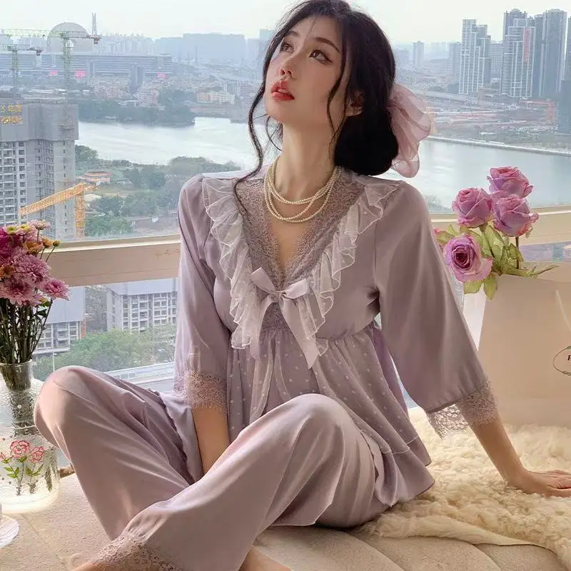 

New Pajamas Women's Popular Pajamas Cool Seven-quarter Sleeves Popular Thin Loungewear Two-piece Suit Comfortable and Breathable