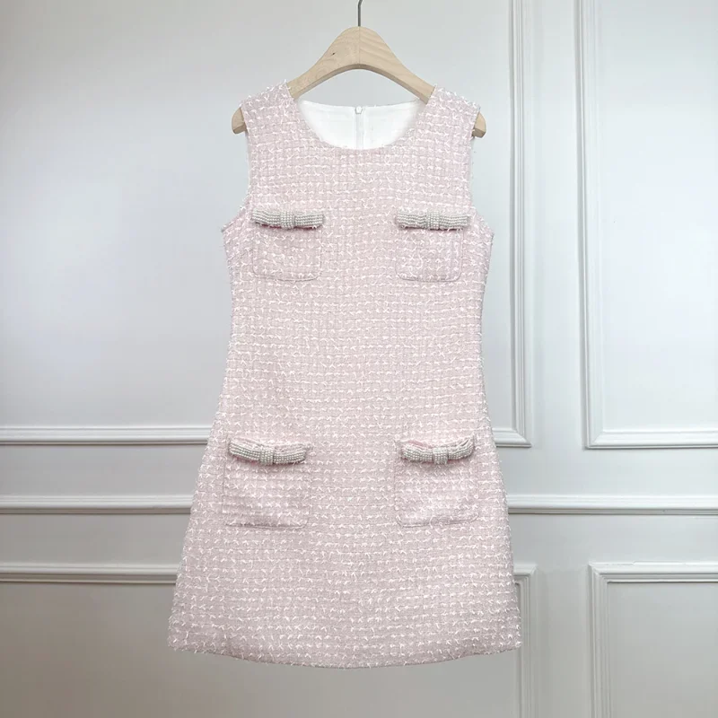 

2025 Spring New Style Small Fragrance Pink Plaid Light Luxury Dress Women Round Neck Bow Sweet Pearl Wedding Party Lady Dress