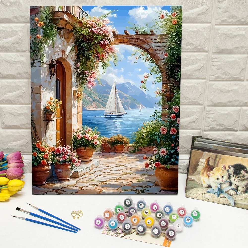 DIY Digitales Ölgemälde Segelboot Landschaft Ölgemälde nach Zahlen Landschaft Blume Kunst und Handwerk Kits Wanddekoration Wohnzimmer