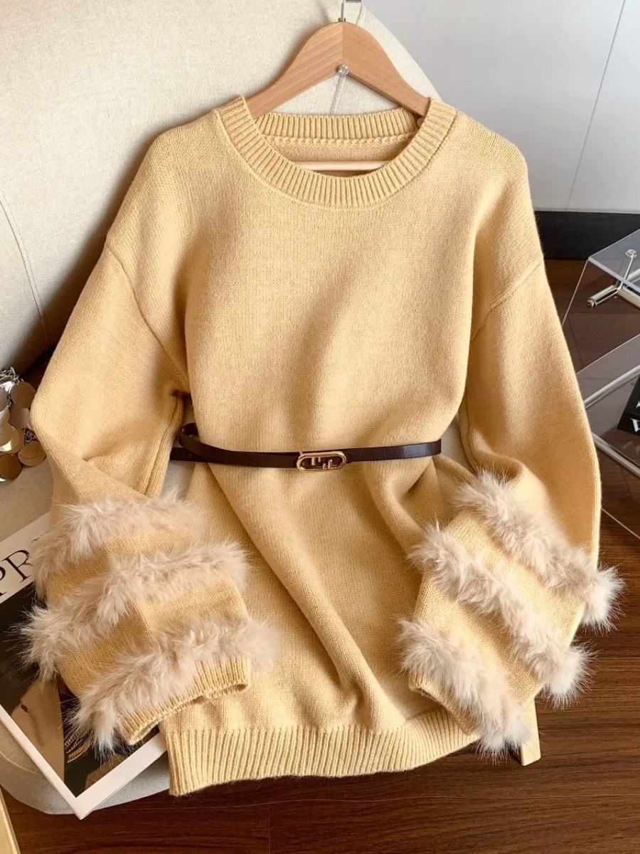 

Ladies' Knitted Long Sve Sweater with Belt Lazy Sle Furry Splicing Autumn Winter Slimming Dr Korean Loose Fit round Ne