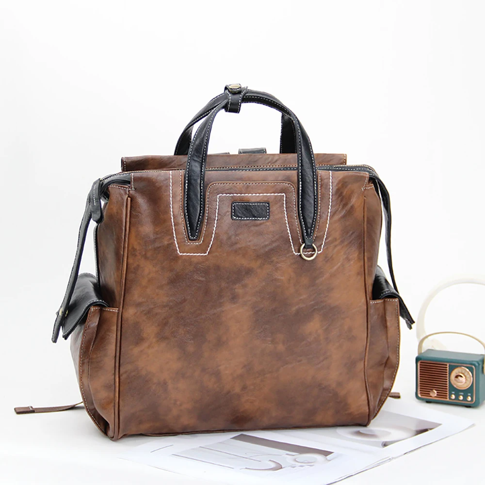 Backpack Bags Men PU Brown Large Capacity  Multifunctional Computer Travel Crossbody Bag