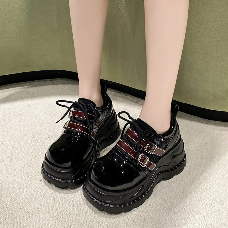 

New 2026 Spring Women's Leather Loafers Sneakers Platform Lace-up Casual Shoes Thick Sole 8CM Heels Walking Shoes Zapatos Mujer