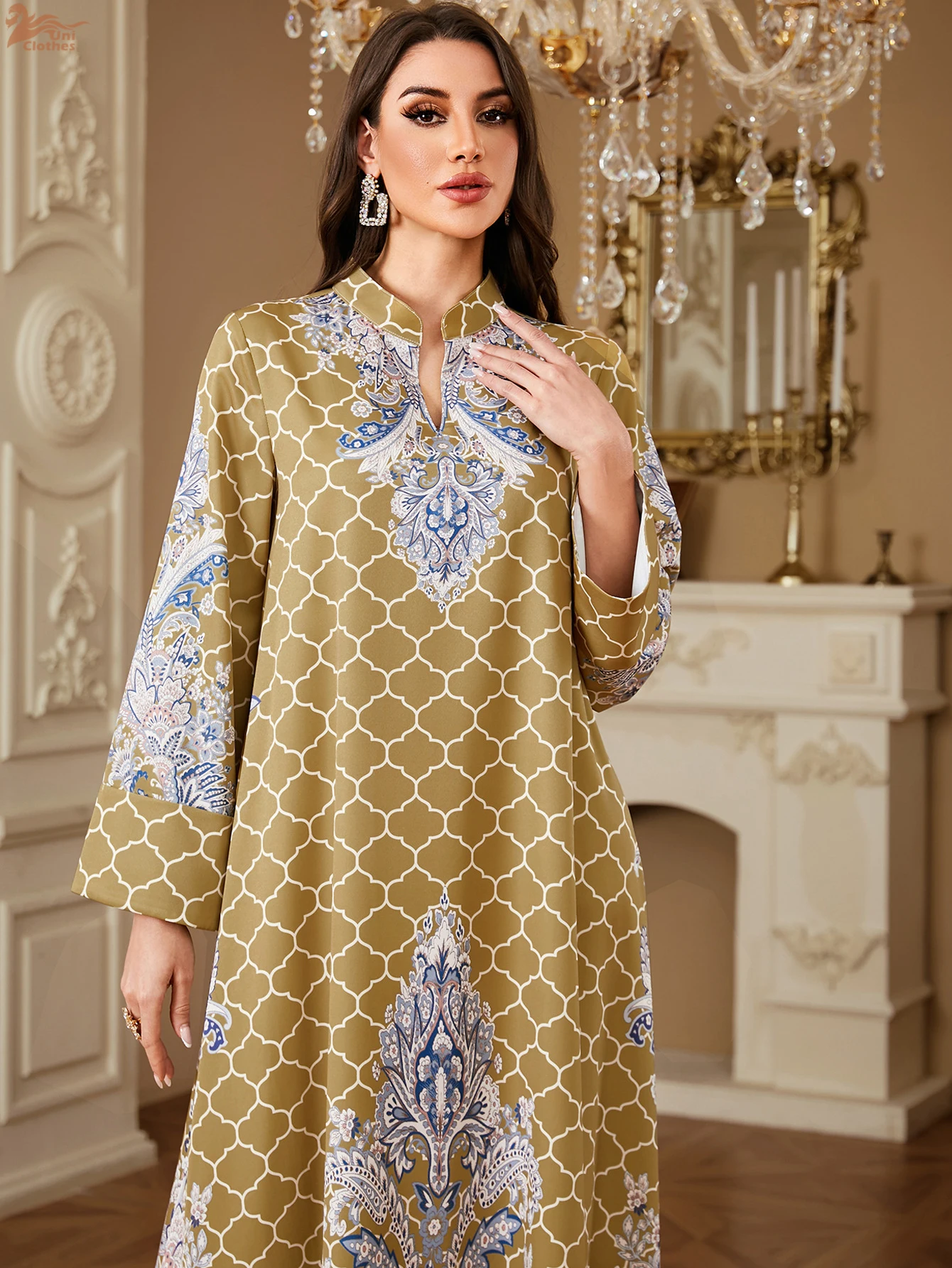 Uni nuevo Dubai estampado de lujo Abaya musulmán elegante vestido con estampado Floral jersey manga larga Keftan 2025