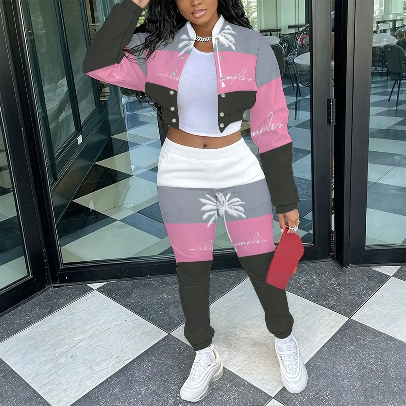 Ladies Casual 2 Piece Set Retro Slim Cropped Long Sleeve Jacket Fashion Elegant Sweatpants Everyday Commuting Vacation Outfit