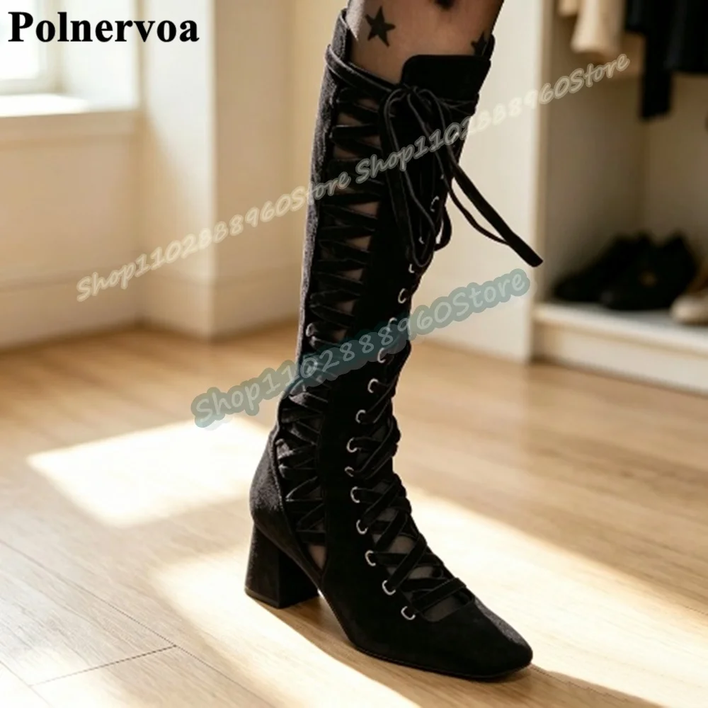 Trending Knee High Black Suede Cross Tied Boots Block Heel Shoes For Women Lace Up Square Toe Gorgeous 2026 Zapatos Para Mujer