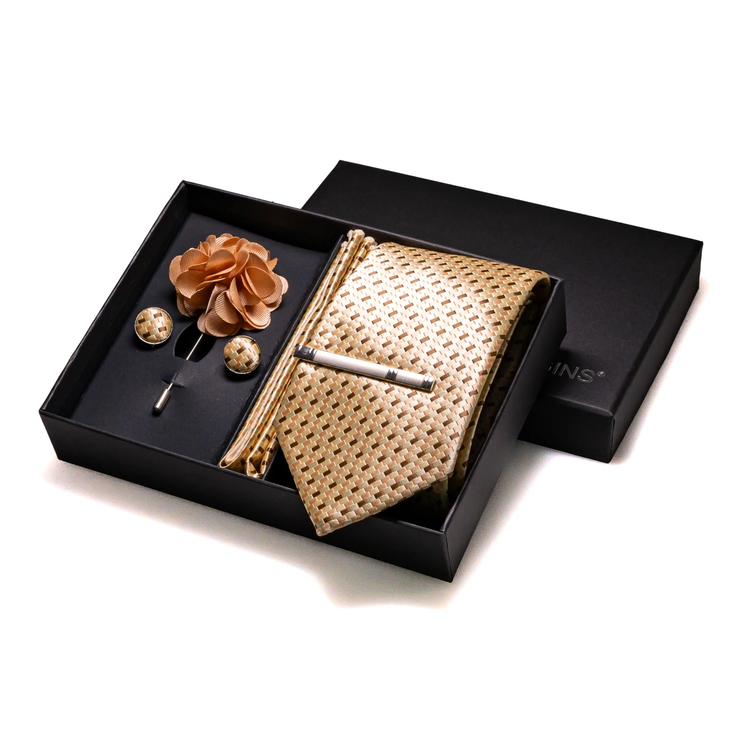 Orange Plaid Silk Wedding Tie For Men Hanky Cufflinks Luxury Gift Box Set Mens Necktie Fashion Business Party Gravat Accessories