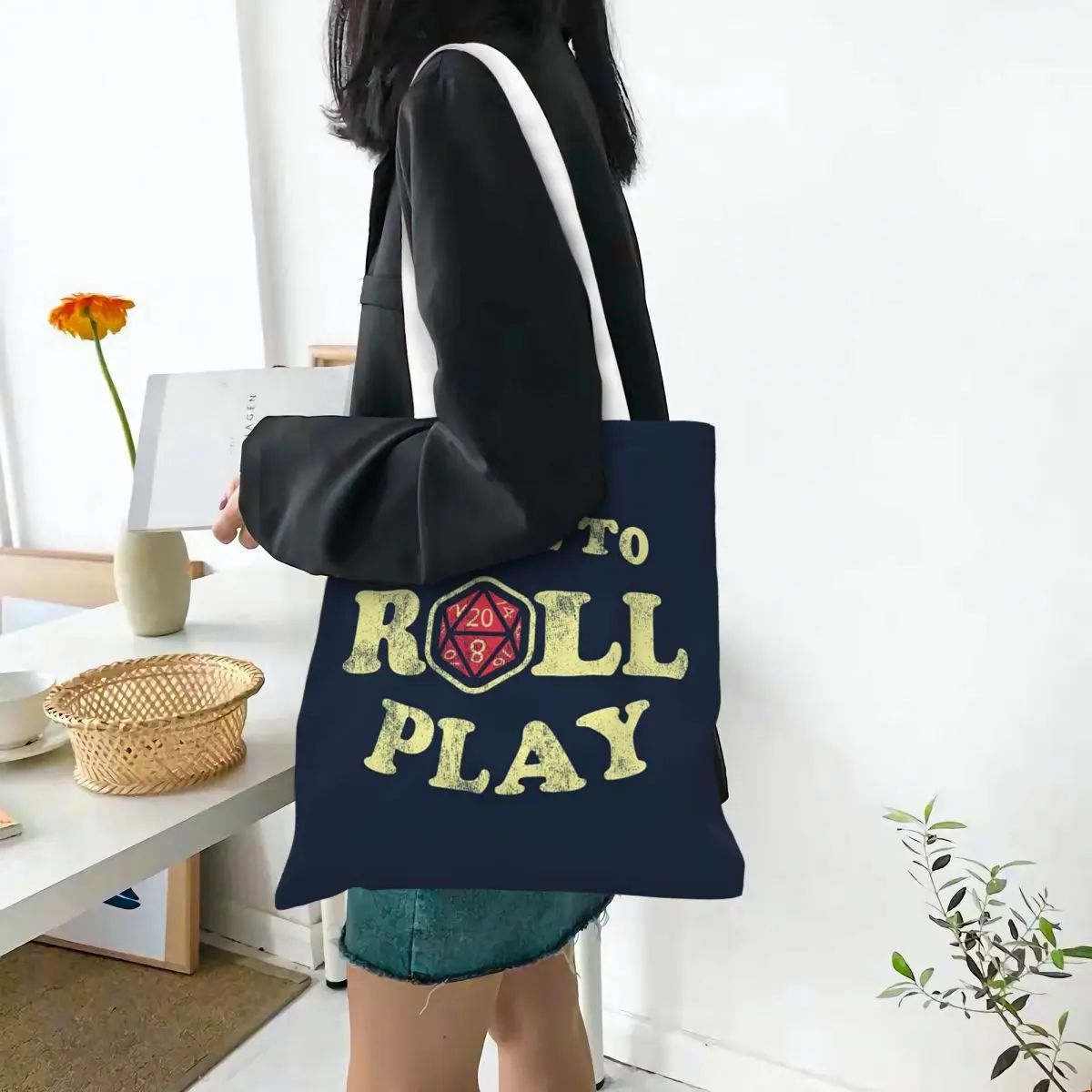 Roll Initiative Dungeon And Dragon  Shopping Bags Canvas The Tote Bag Foldable for Girls Shoulder Tote Travel Handbag
