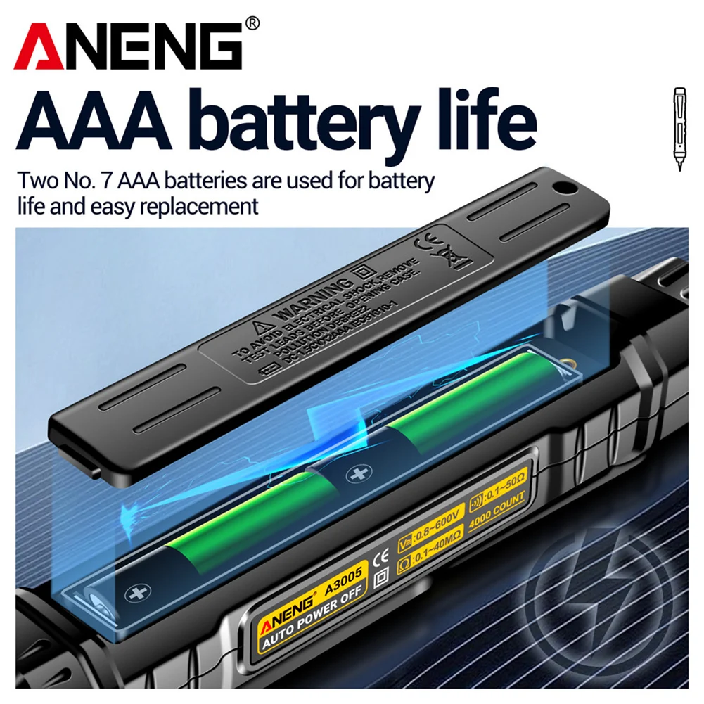 ANENG A3005 Caneta de teste de multímetro digital 4000 contagem Sensor inteligente elétrico AC/DC testador de tensão capacitância Ohm Medidor de diodo