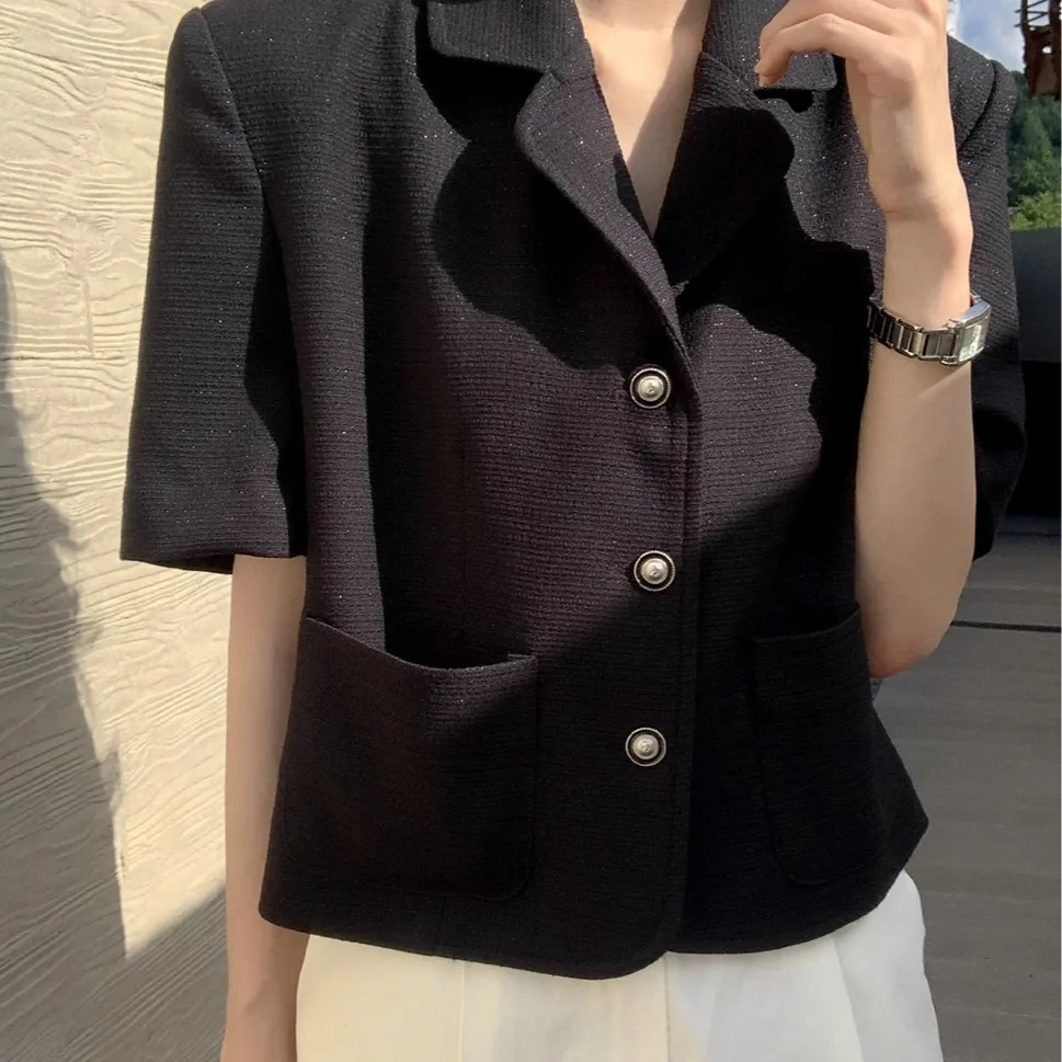 Nimo Home Tweed Lapel Short Coat Women's Fashion Pure Color Polyester Fiber Summer 2026 Small Fragrance Style Short Jacket