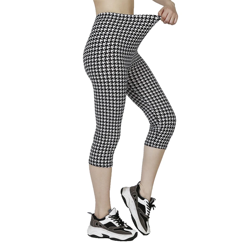 QR25 Canine Tooth Thousand Bird Checker Printed Bottom Pants Capris Fitness Sports Elastic Short Legged Tight Pants