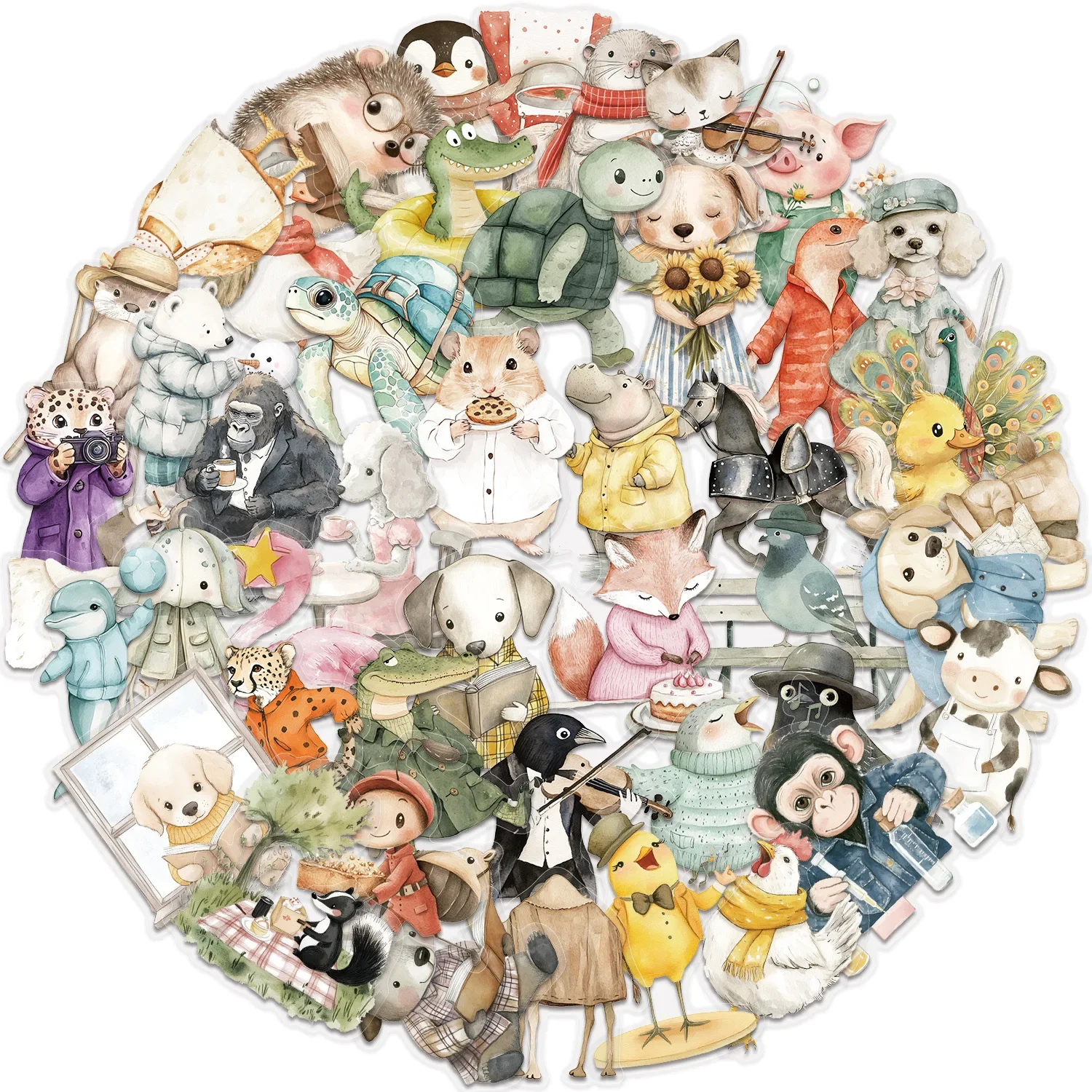 50PCS Cute Watercolor Animal Stickers, PET Transparent Cartoon Decals for Journal Phone Laptop Notebook, Waterproof Reward Gift