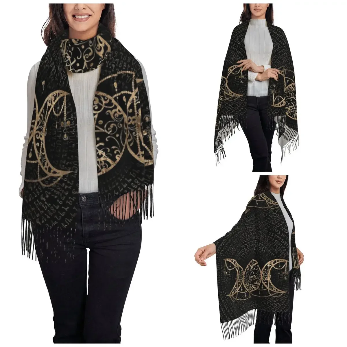 Triple Moon Goddess Shawl Wrap Womens Winter Warm Large Long Scarf Pentagram Pagan Wiccan Neckerchief Tassel Scarves