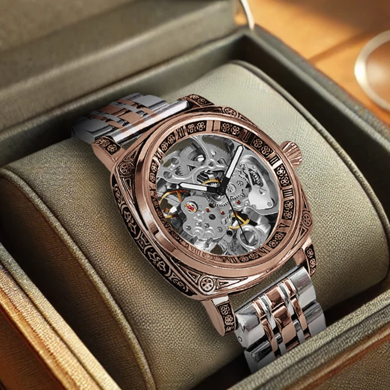 A men's fashion stylish hollow-out pentagram carved rose gold steel band mechanical watch