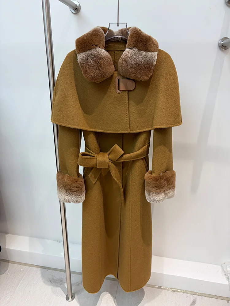 New Women Winter Coats Cashmere Wool Blends Real Natural Rex Rabbit Fur Collar Belt Slim Style Female Autumn Outerwear
