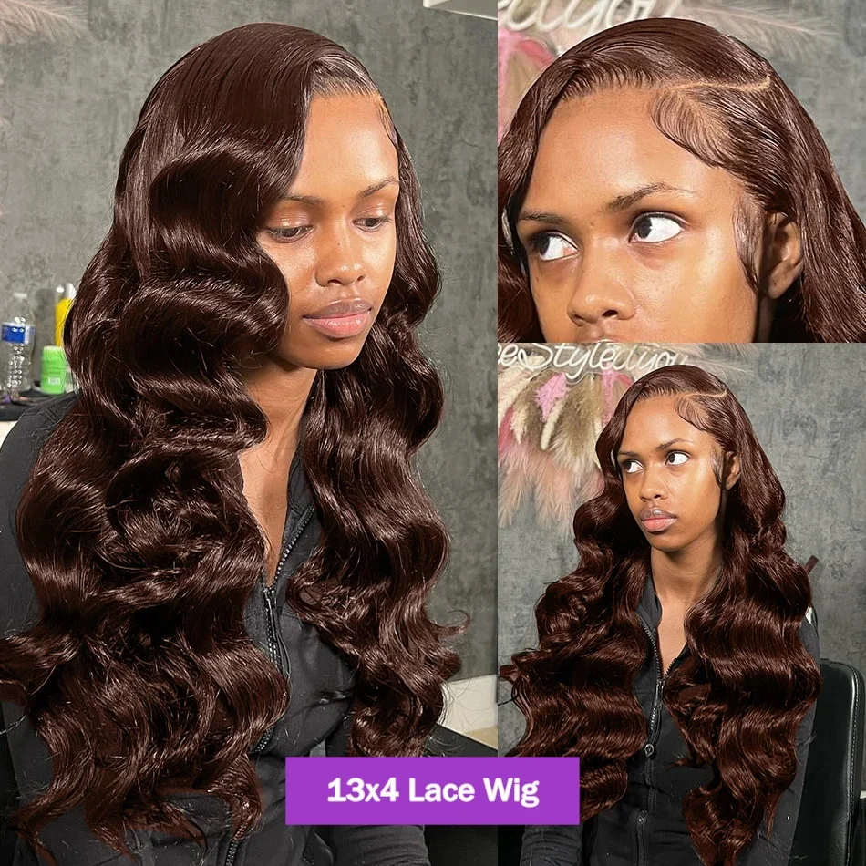 Perruque Lace Front Wig Body Wave Brésilienne Naturelle, Cheveux Humains, Couleur Brun Chocolat, 13x4, 13x6, HD, Transparent