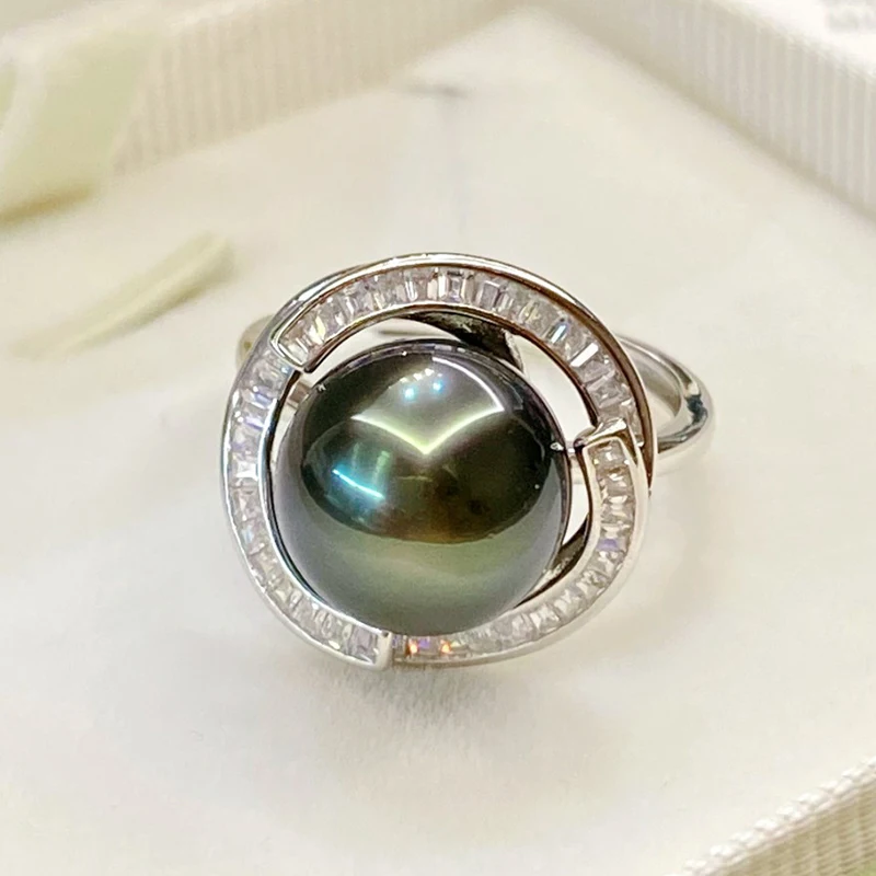 

Vintage Real Tahitian Black Pearl Ring Simple 925 Silver Open Ring with 11-12mm Natural Tahiti Pearl for Women Wedding Jewelry