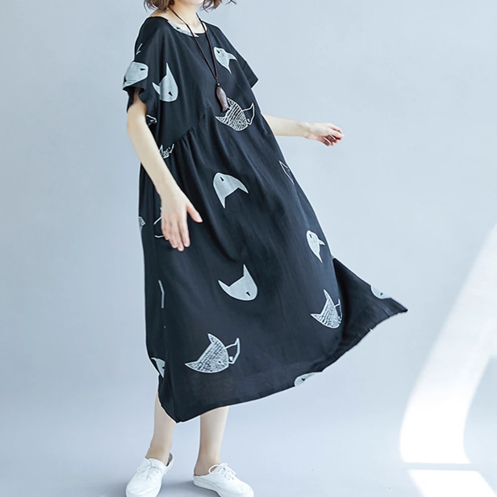 فستان نسائي فضفاض مقاس كبير مطبوع عليه قطة كرتونية لطيفة ورقبة دائرية وأكمام قصيرة فضفاض مقاس كبير فستان ماكسي كبير الحجم #3