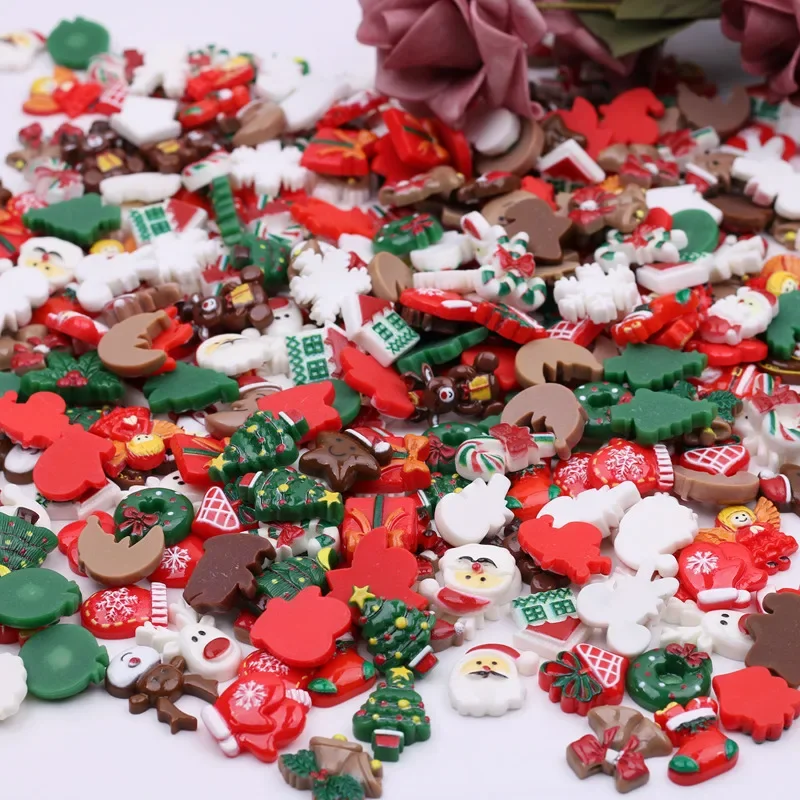 50pcs Resin Christmas Flatbacks Santa Snowman Snowflake Holly Xmas Tree Mixed Cabochons For Scrapbooking DIY Crafts Hair Jewelry