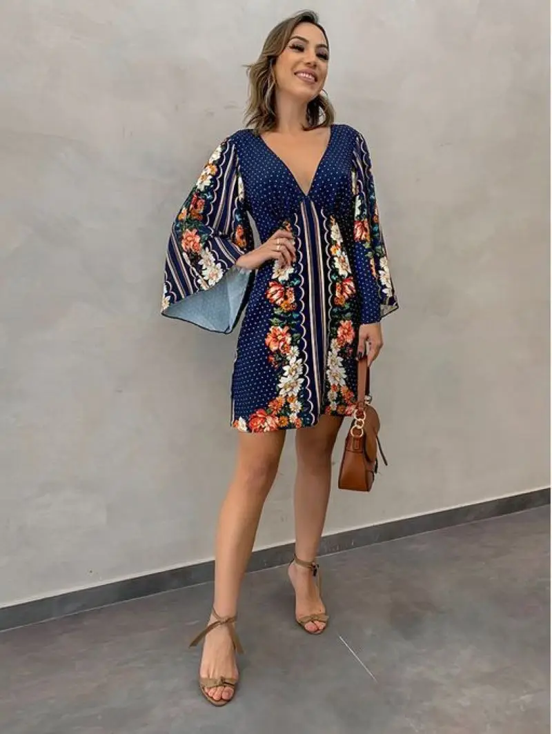 Women's Deep V Neck Long Sleeve Floral A-Line Dress, Elegant Woven Fabric, Perfect for Casual Daily Wear & Party