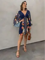 Vestido acampanado floral de manga larga con cuello en V profundo para mujer, tejido elegante, perfecto para uso diario informal y fiesta