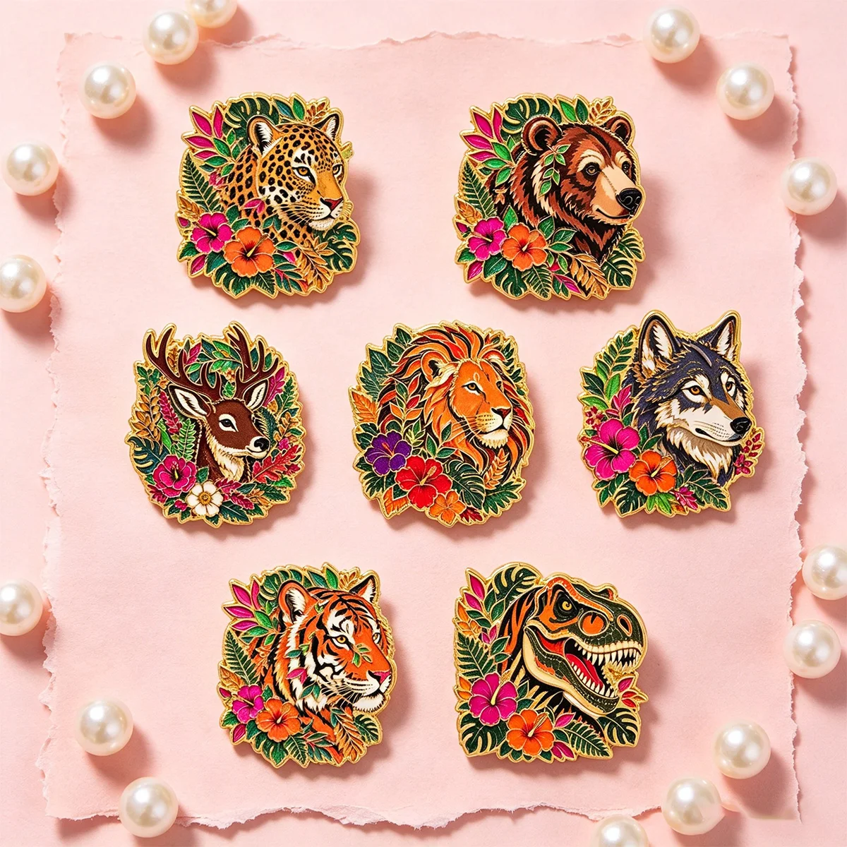 7-teiliges Set Blumen- und Wildtier-Emaille-Pins Löwe Tiger Dinosaurier Wolf Brosche für Kleidung, Aktentasche, Abzeichen, Rucksack, Geschenk für Freunde – Detail 5