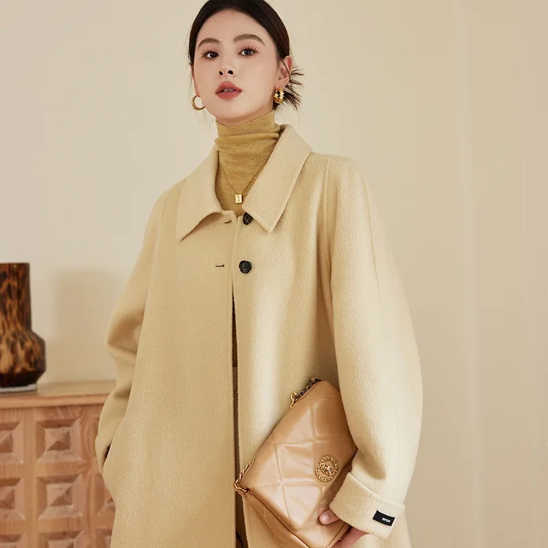 

Cream yellow double-sided wool coat women's autumn and winter Korean medium and long high-end thin woolen coat