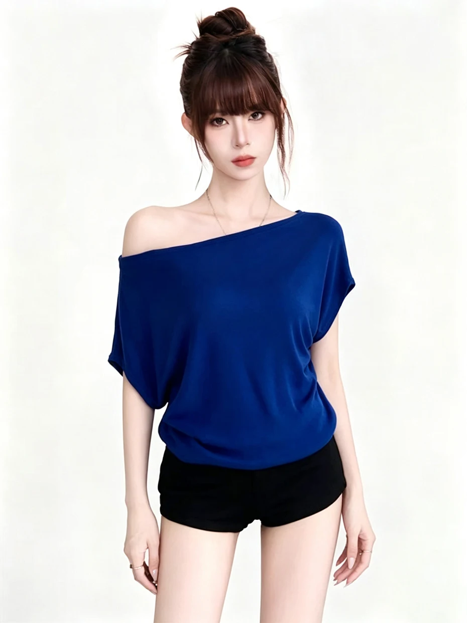 Klein Blue Shoulder Bared Short Sleeve T-Shirt Women's Summer Slim Fit Unique Beautiful Casual Top French Style Polyester Fiber