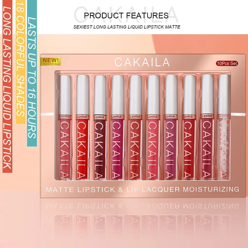 CAKAILA 10 Color/Set Waterproof Matte Nude Velvet Liquid Lip stick Lipgloss Makeup Transparent Clear Oil Lip Gloss Lipstick kit