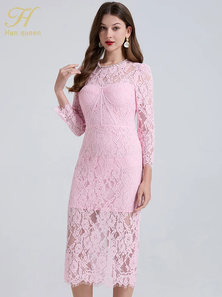 

H Han Queen Summer Stretch Bodycon Sheath Pencil Lace Dresses Diamond Sexy Luxury Chic Robe Long Sleeve Evening Party Dress