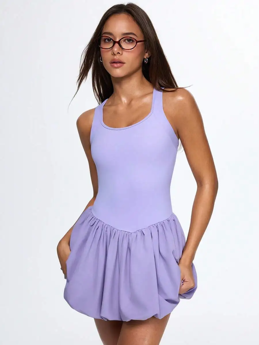 

Light Purple Sleeveless Bubble Hem Tennis Dress With Built-In Shorts For Women
