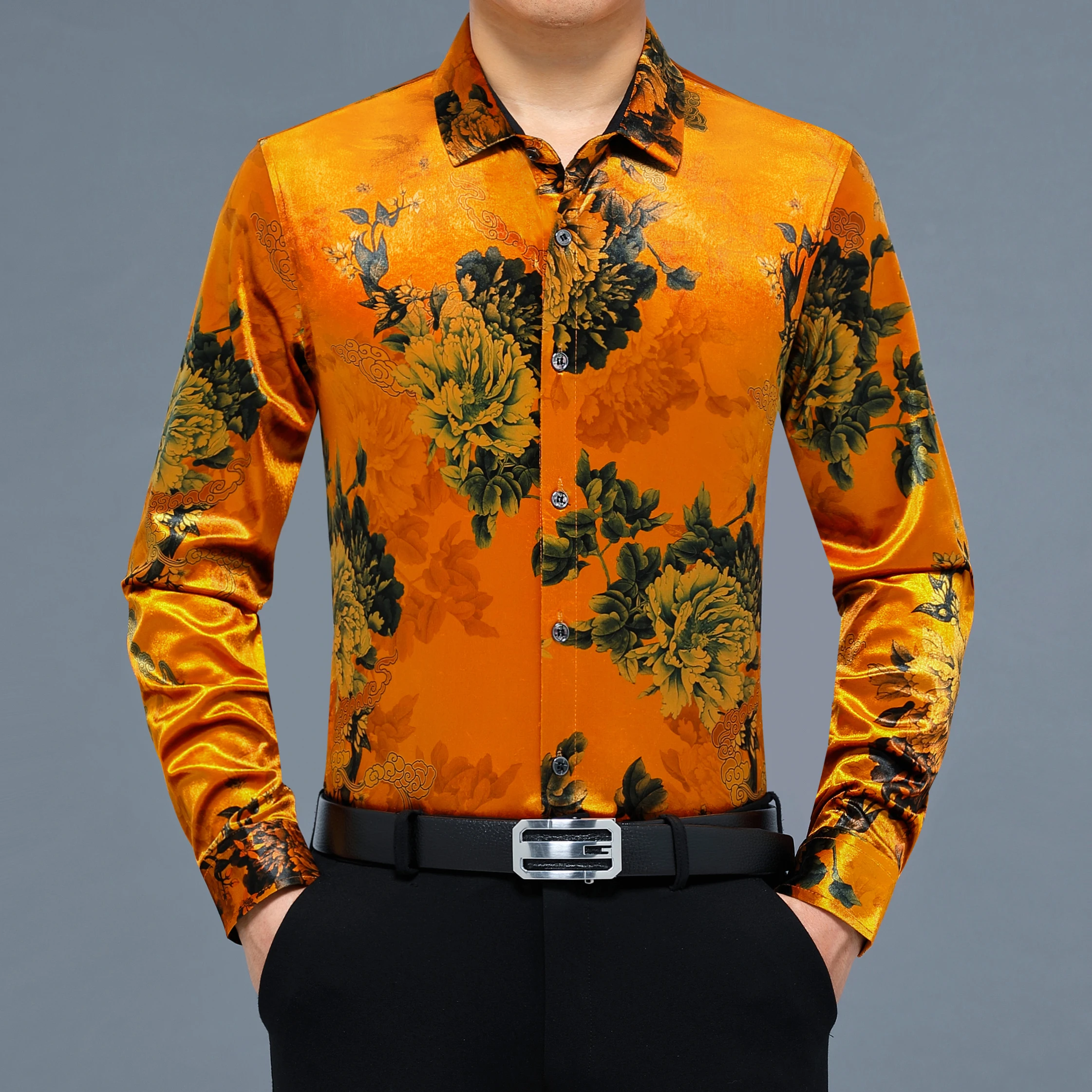 Men's Fashion Printing Velour Clothing Autumn Turn Down Collar Soft Gold Velvet Shirt Male Long Sleeve Velvet Dress Shirt