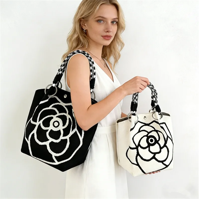 Chic Camellia Flower Knitted Tote Bags, Large Capacity Weave Handbag Shoulder Bags for Women Daily Use Perfect Fashion Companion