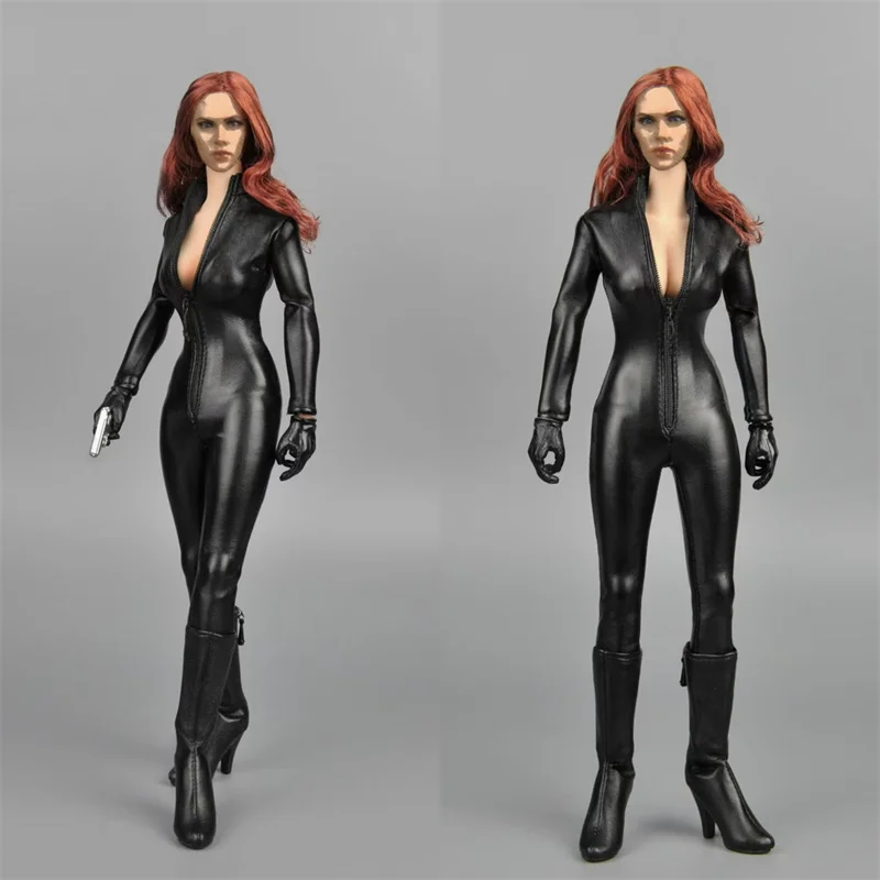 ZYTOYS ZY15-2 1/6 Scale Female Soldier Black Zipper Long Sleeve Tight Leather Jumpsuit Pants Fit 12