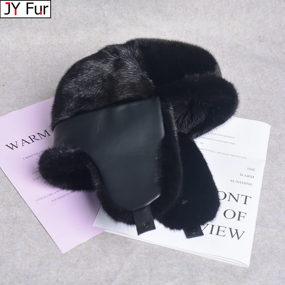 Mens Real Fur Hat Original Russian Military Cap Luxury Bomber Brim Cap Warm Earflap Genuine Mink Fur Cold Hat Outdoor Snow Cap