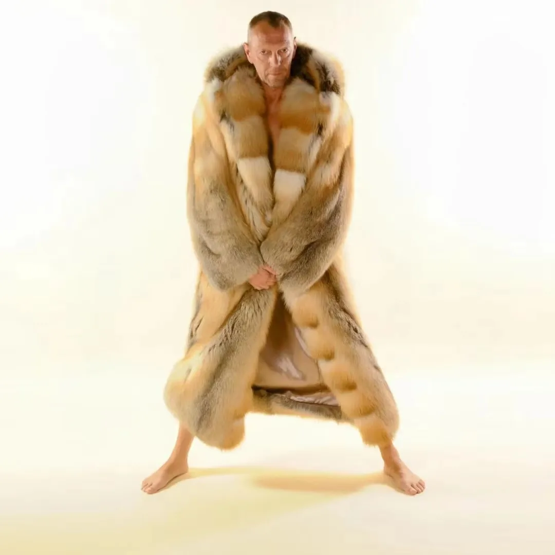 Genuine GoldlenFox Fur Hooded Coat for Men Long Real Fur Winter Overcoat Luxury Warm Fluffy Outerwear Male Fashion Jacket