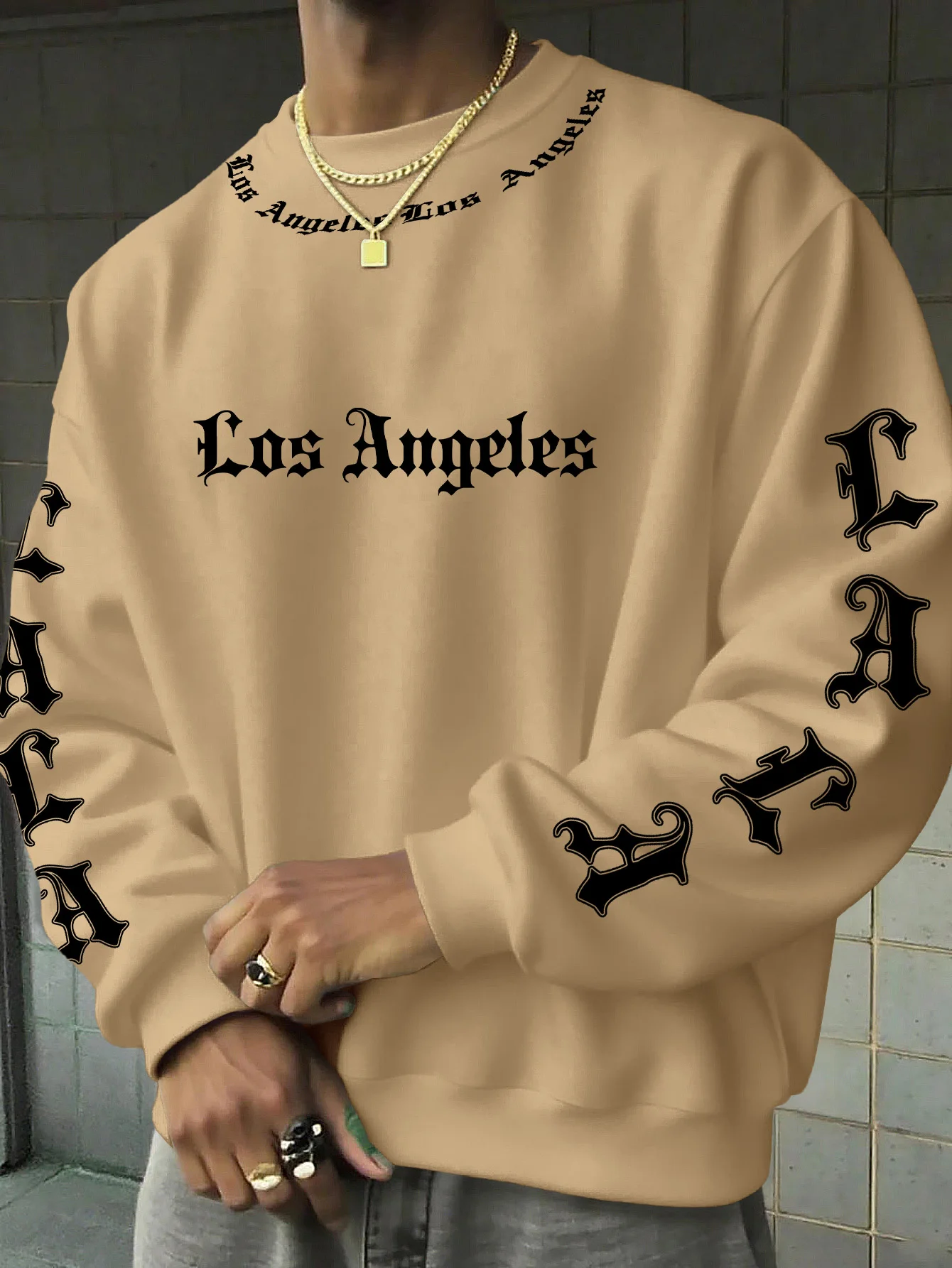 Herren Casual Rundhals-Langarmshirt, Los Angeles Gothic Buchstaben-Grafik-Print Sweatshirt, S-XXL – Detail 4