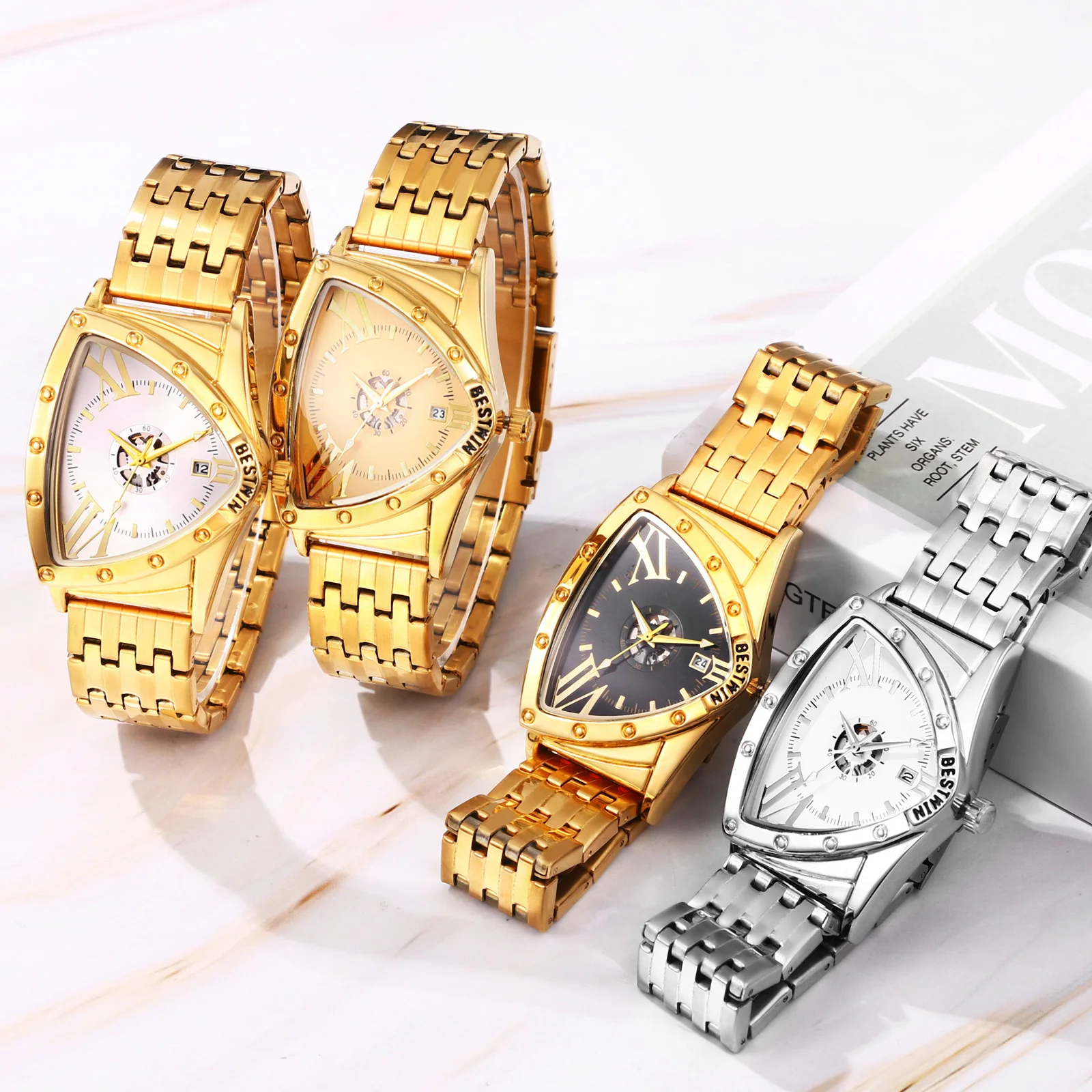 ساعة LANCARDO للرجال بمينا مثلث من الفولاذ المقاوم للصدأ وحزام كوارتز مقاوم للماء ومقياس ماسي وتقويم متاح